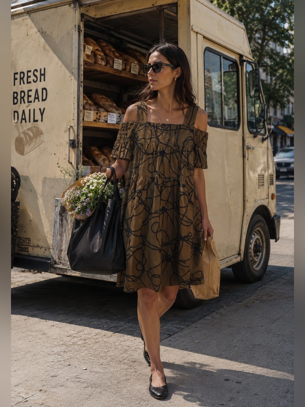 Dries Van Noten Off-Shoulder Olive/Brown Print Women’s Dress Size 34 US 0-2